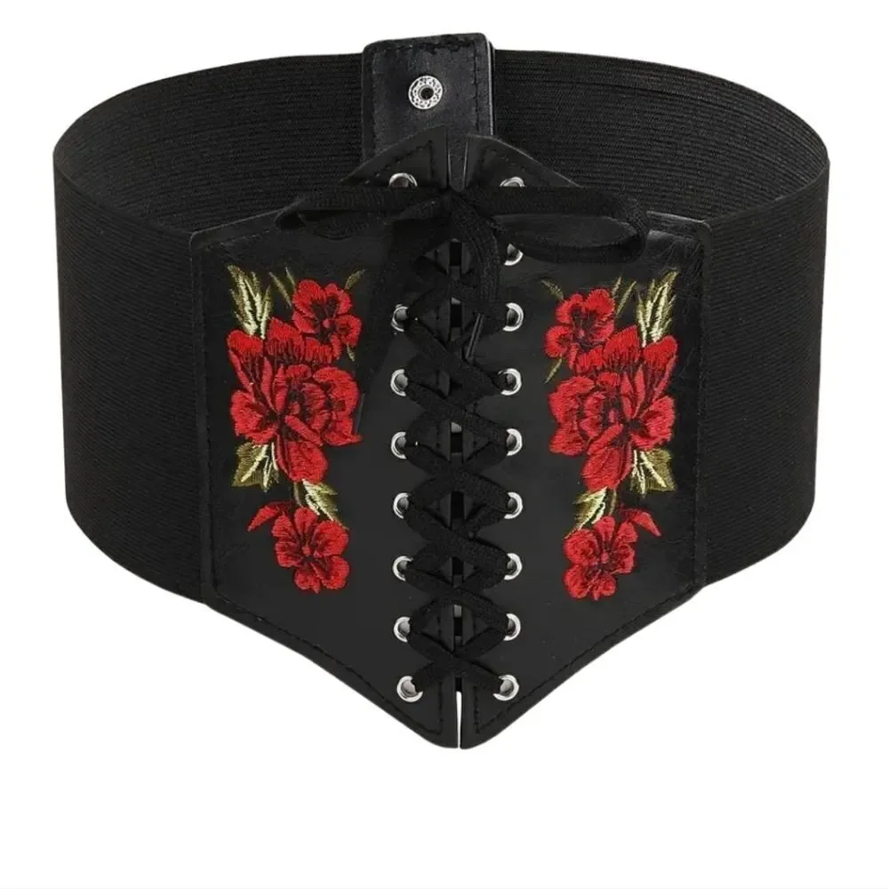 Gothic Corset Belt Black Faux Leather Red Rose Lace Up Waist Cincher Medieval